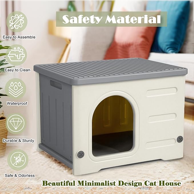 Hicaptain Cute Durable Cat Houses for Indoor Cats Plastic Feral Outdoor Cat House Puppy Shelter for Small Medium Pets-Grey