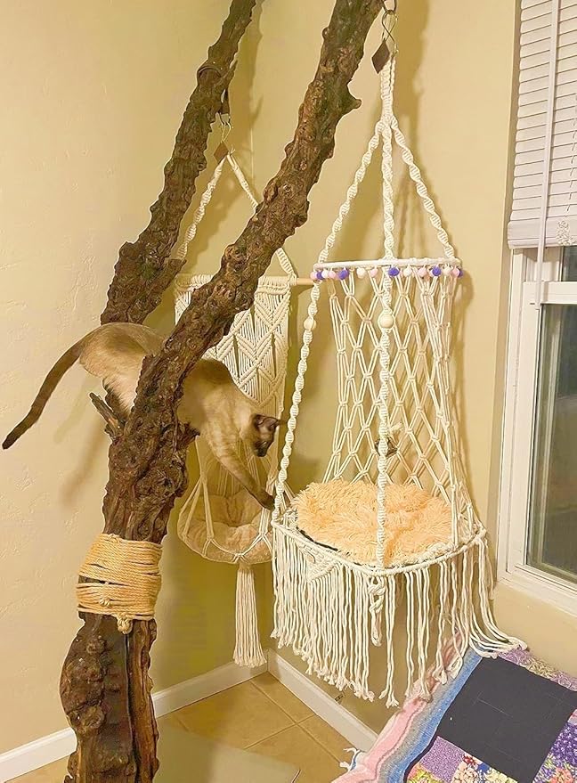 KARCEEY Hanging Cat Bed Macrame Cat Hammock Window Perch with Catnip Mat for Wall Window Indoor/Outdoor