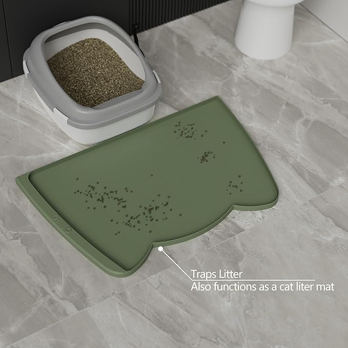OHMO Dog Food Mat(Camo Green, 24 * 15'') w/Residue Collection Pocket Silicone Pet Feeding Mat for Floor High Edges Anti Spills Waterproof Cat Water Bowl Tray, Easy Clean Placemat