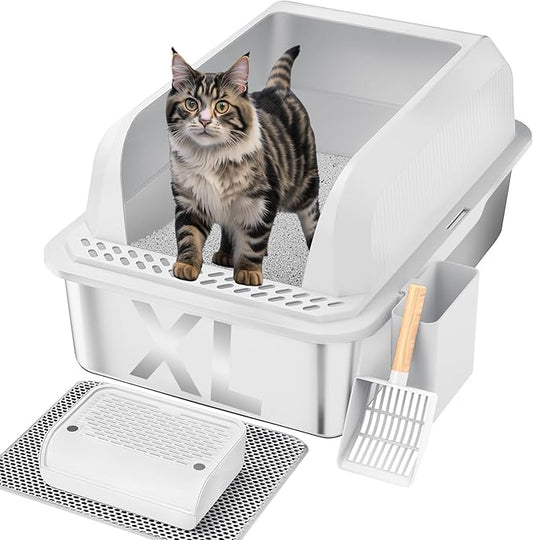 Stainless Steel Cat Litter Box with Lid, XL Large Litter Box for Big Cats, Enclosed Kitty Litter Pan with High Sides, Anti-Leakage&Non-Stick, Easy to Clean, Included Scoop, Aisle and Mat White