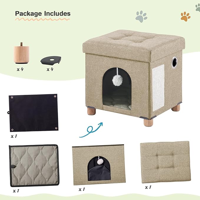 BRIAN & DANY Foldable Cat House for Indoor Cats, Large Cat Cube for Pet Cave with Scratch Board & Ball, 14.7" x 14.1” x 12.7”, Light Khaki