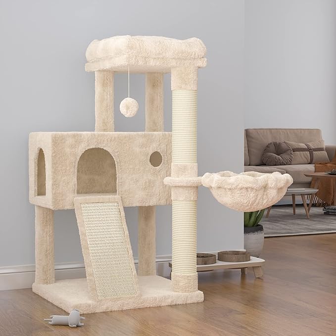 SHA CERLIN Cat Tree 36 Inches Cat Tower with Hammock, Sisal Scratching Post for Indoor Kittens, Small Room, Beige