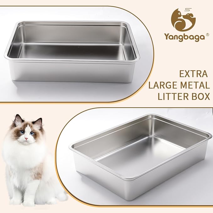 Yangbaga Extra Large Stainless Steel Litter Box, 28’’ x 20’’ x 6’’ Ultimate Metal Cat Litter Box with High Sides, Sturdy Long-Lasting Litter Pan with Anti-Slip Rubber Feet