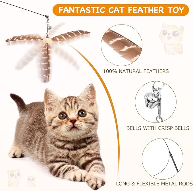 Cat Toys Wand, Interactive Cat Toy with Super Suction Cup Sticky Detachable 12 PCS Feather Replacements 2 Wands Cat Spring Feather Toys for Indoor Cats Kitten Toys (8 Toys Double Headed)