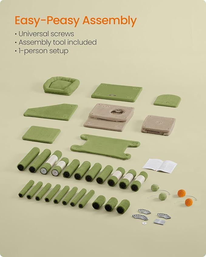 Feandrea Cat Tree, 61-Inch Cat Tower for Indoor Cats, Plush Multi-Level Cat Condo with 5 Scratching Posts, 2 Perches, 2 Caves, Hammock, 2 Pompoms, Grass Green and Camel Brown UPCT192C03