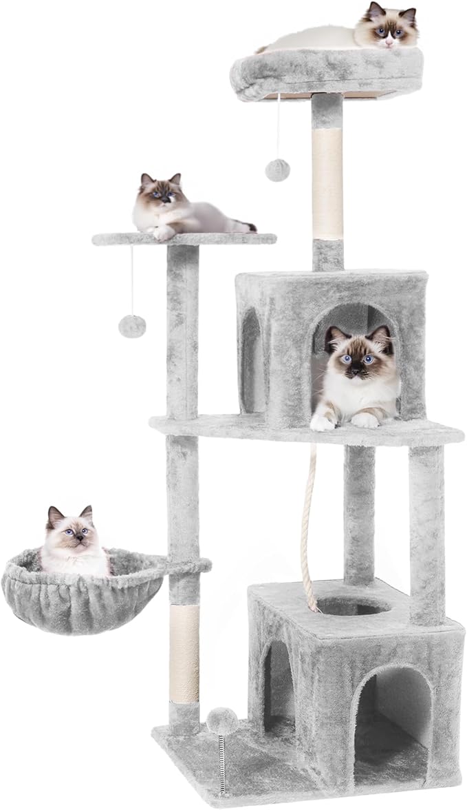 Cat Tree, 54-Inch Cat Tower for Indoor Cats,Plush Multi-Level Cat Condo with Scratching Posts, Basket, Perches,2 Caves,2 Pompoms(Light Gray)