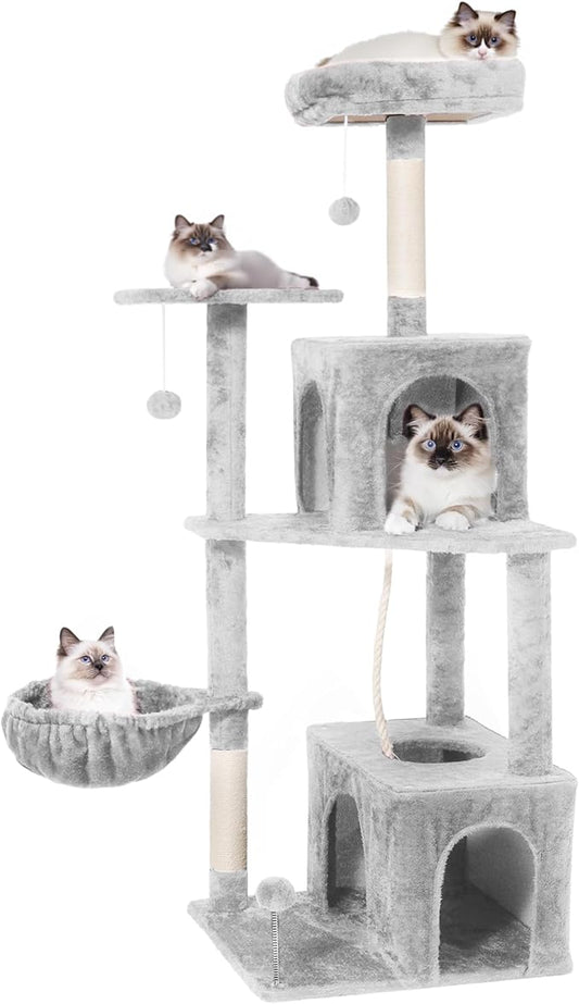 Cat Tree, 54-Inch Cat Tower for Indoor Cats,Plush Multi-Level Cat Condo with Scratching Posts, Basket, Perches,2 Caves,2 Pompoms(Light Gray)