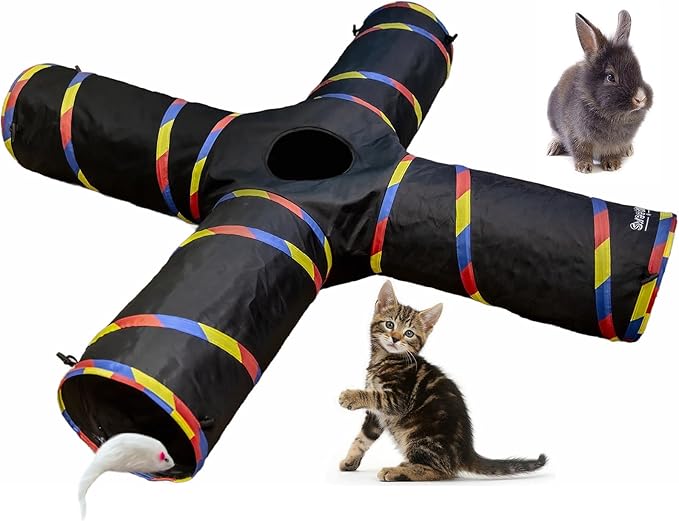 Dia 10" Interactive Cat Tunnels with 4 Way Design, Cat Tunnel for Indoor Cats Play & Exploration, Collapsible Crinkle Kitten Tubes for Ferrets, Rabbits, and Small Dogs Fun