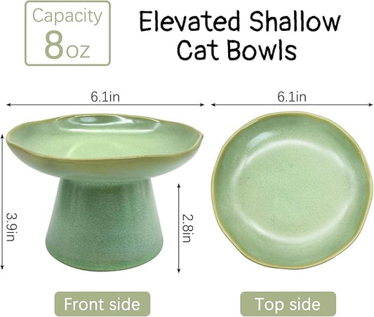 VCEPJH Raised Cat Food Bowls Shallow Cat Plate Ceramic Elevated Cats Dish 6.1in Flat Anti Whisker Fatigue Wide Pet Food & Water Feeder for Indoor Kitty Kitten (Green)