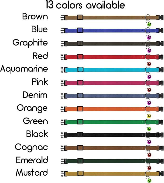 Breakaway Cat Collar Leather with Removable Bell - 13 Colors Available - Soft Adjustable Girl Boy Safety Lightweight Pet Kitten Collars Pink Brown Blue Green Red Orange Black (Graphite)