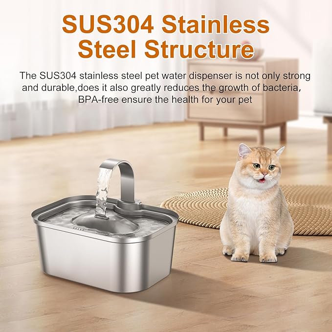 Bobo&Dragon Automatic Stainless Steel Cat Water Fountain Indoor with Quiet Pump & Built-in Filter - 124oz/3.5L Cat & Dog Water Dispenser, Easy Clean Waterfall Design Metal Dish Bowl