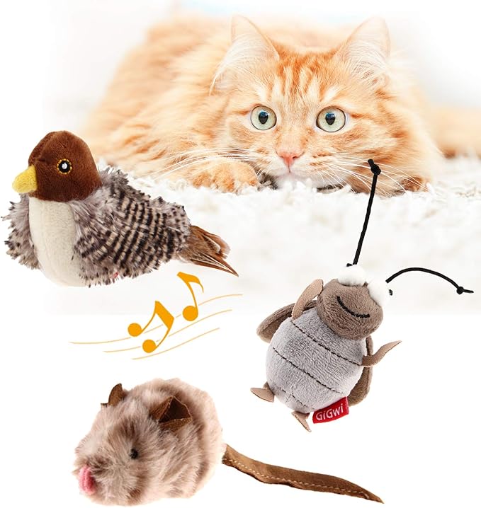 Gigwi Interactive Toy Set for Indoor Cats - 3PCS Plush Pack Including Squeaky Feather, Mouse Hunt, Chase Bird, and Chirping Cricket Toys