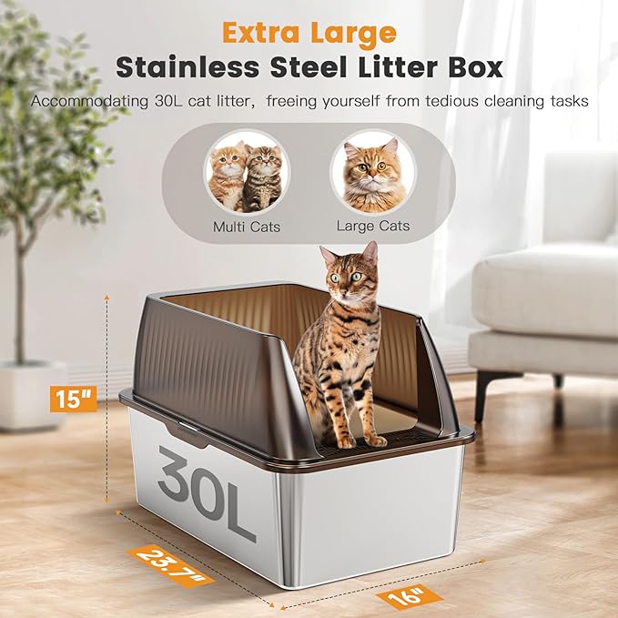 Tripamin 15” XL Stainless Steel Cat Litter Box Enclosure, XXL Stainless Steel High Sides with Lid, Extra Large Metal Cat Litter Box (Translucent Brown, XX-Large)