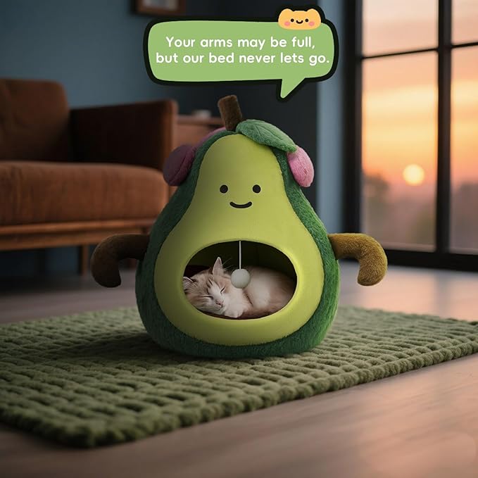 Cute Cat Beds for Indoor Cats, Small Dog Beds, Soft Washable Pet Beds for Kitten and Puppy, Funny Avocado Cat Cave, 19 Inches