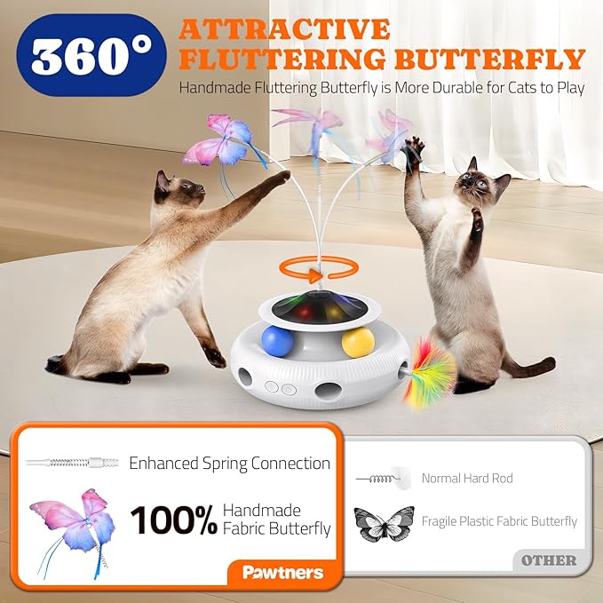 Interactive Cat Toys: 3 in 1 Automatic Cat Toy for Indoor Cats, Electric Kitten Toy with USB Rechargeable, Self Play Kitty Toys with Spinner Fluttering Butterfly, Track Ball and 2 Ambush Feathers