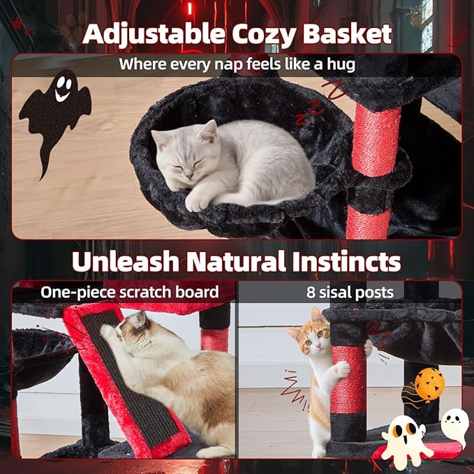 Taoqimiao Cat Tree 57.5-Inch, Cat Tower for Indoor Cats Large Adult, Extra Large Cat Condo, 8 Sisal Scratching Posts, Metal Frame Cozy Hammock, Durable Scratch Board, 2 Top Perches, Jelly Pink MS026P