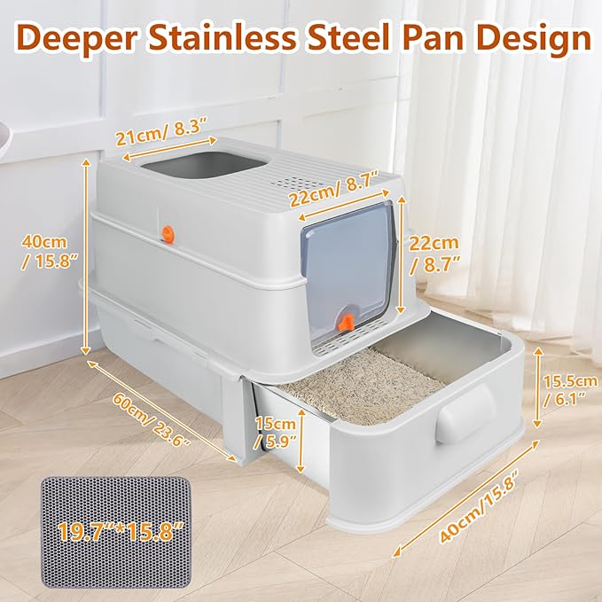 Enclosed Stainless Steel Cat Litter Boxes,Top Entry Large Foldable Litter Box with Lid,Hooded Covered Stainless Steel Cat Litter Box,Easy Cleaning,No Urine Leakage,Deeper Pan,with Litter Mat
