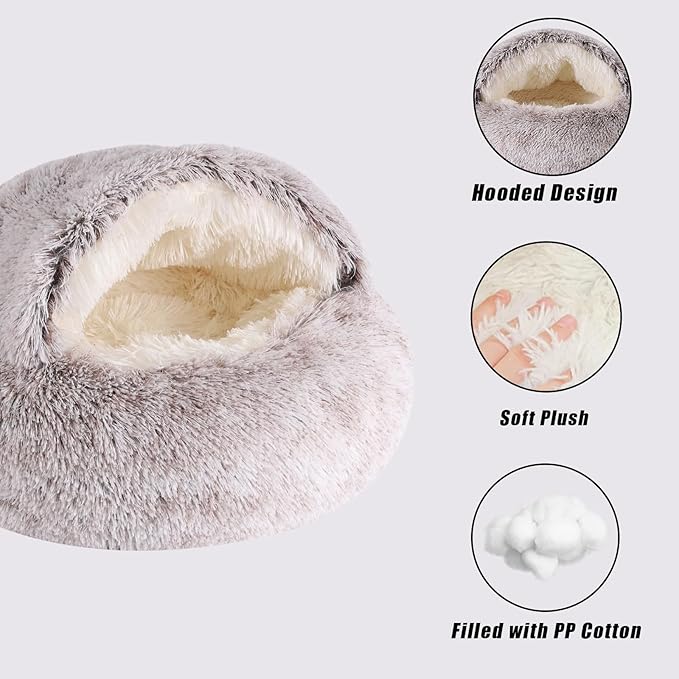 Coffee Round Hooded Cat & Dog Bed - Faux Fur Cuddler Cave, Self-Warming Donut Bed, Fits up to 22 lbs Pets (24x24 inch)