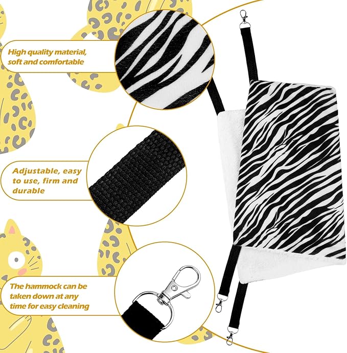 2 Pieces Reversible Cat Hanging Hammock Soft Breathable Pet Cage Hammock with Adjustable Straps and Metal Hooks Double Sided Hanging Bed for Small Dogs Rabbits(Zebra, Tiger Stripes,L)