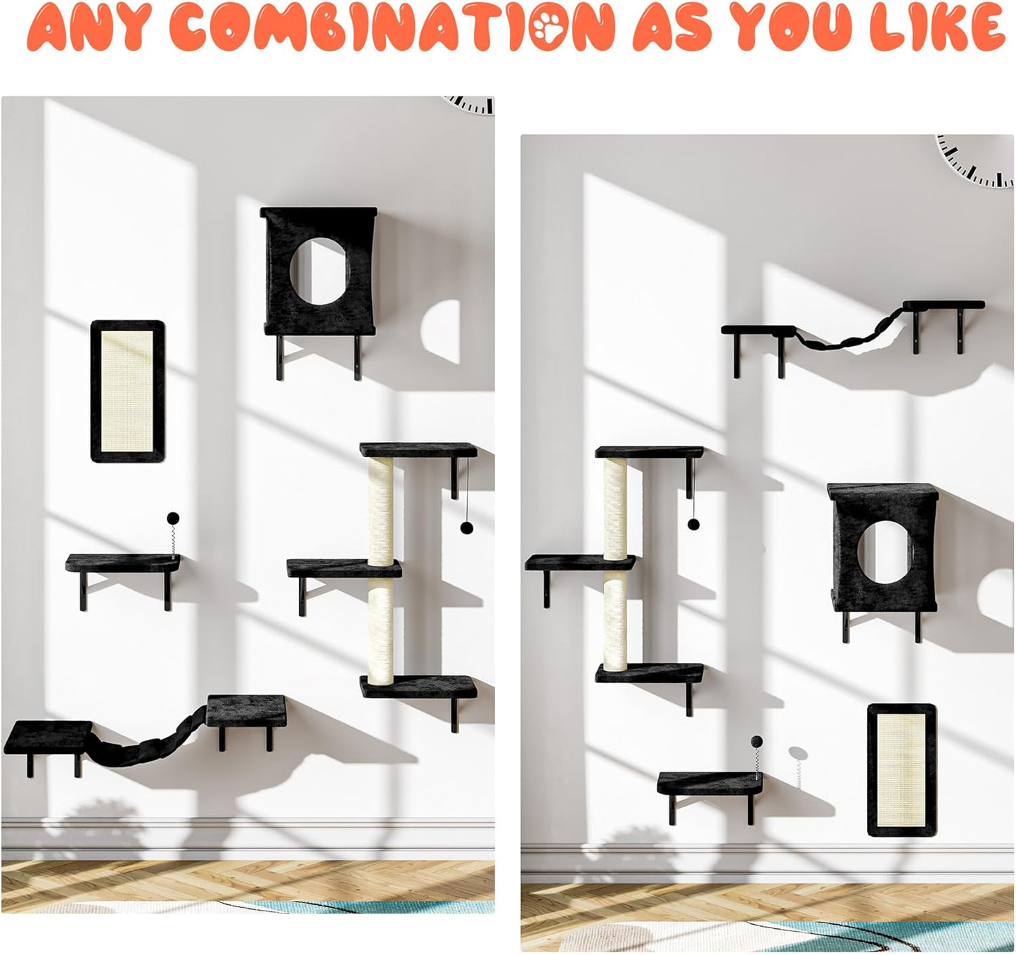 NUNU LAB Wall Mounted Cat Furniture, 5 Pcs Cat Wall Shelves with House, Bridge, Steps, Scratching Post, Shelves, Indoor Safe & Stable Furniture for Kittens Play, Black