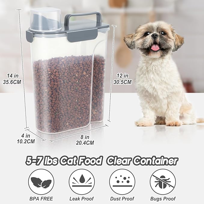 Large Spout Pet Food Storage Container, 5-7LBS/6Qt/5L Meter Dispenser with Handle, Measuring Cup, Double Sealing Tape and 4 Safety Snaps to Seal Dog Food and Cat Food-Gray Blue