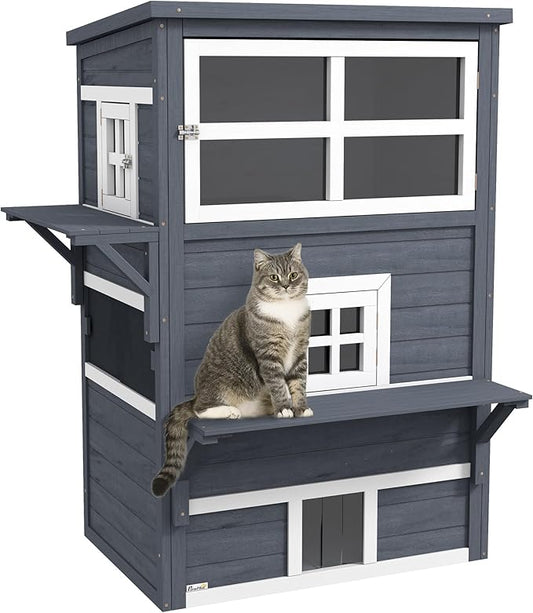 PawHut 3-Story Cat House Feral Cat Shelter, Outdoor Kitten Condo with Raised Floor, Asphalt Roof, Escape Doors, Jumping Platforms, Dark Gray