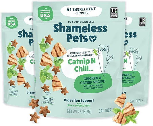 Shameless Pets Crunchy Cat Treats - Catnip Treats for Cats with Digestive Support, Natural Ingredients Kitten Treats with Real Chicken, Healthy Flavored Feline Snacks - Catnip N Chill, 3-Pk
