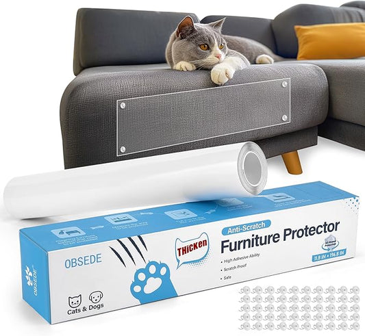 OBSEDE Clear Cat Scratch Furniture Protector with 50 Twist Pins, Flexible Adhesive Single-Sided Sticky Sofa & Couch Corner Protector, Pet Deterrent Training Tape, 11.8" x 196.8"