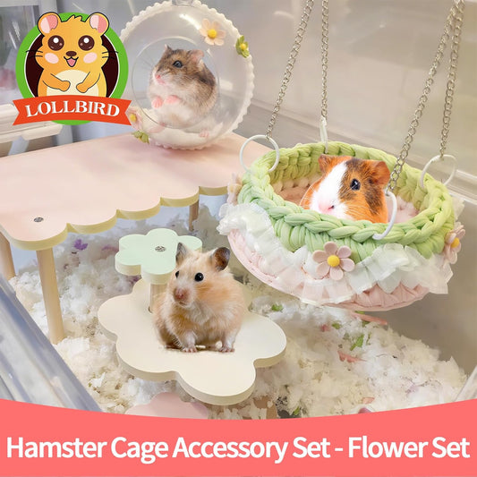 4-Pack Wooden Rat Cage Accessories - Platforms, Ladders & Hammocks Set for Chinchillas, Hamsters, Gerbils (for Iron/Wooden, Acrylic Hamster Cages + Customizable Layout) (11x6.7x5.5)