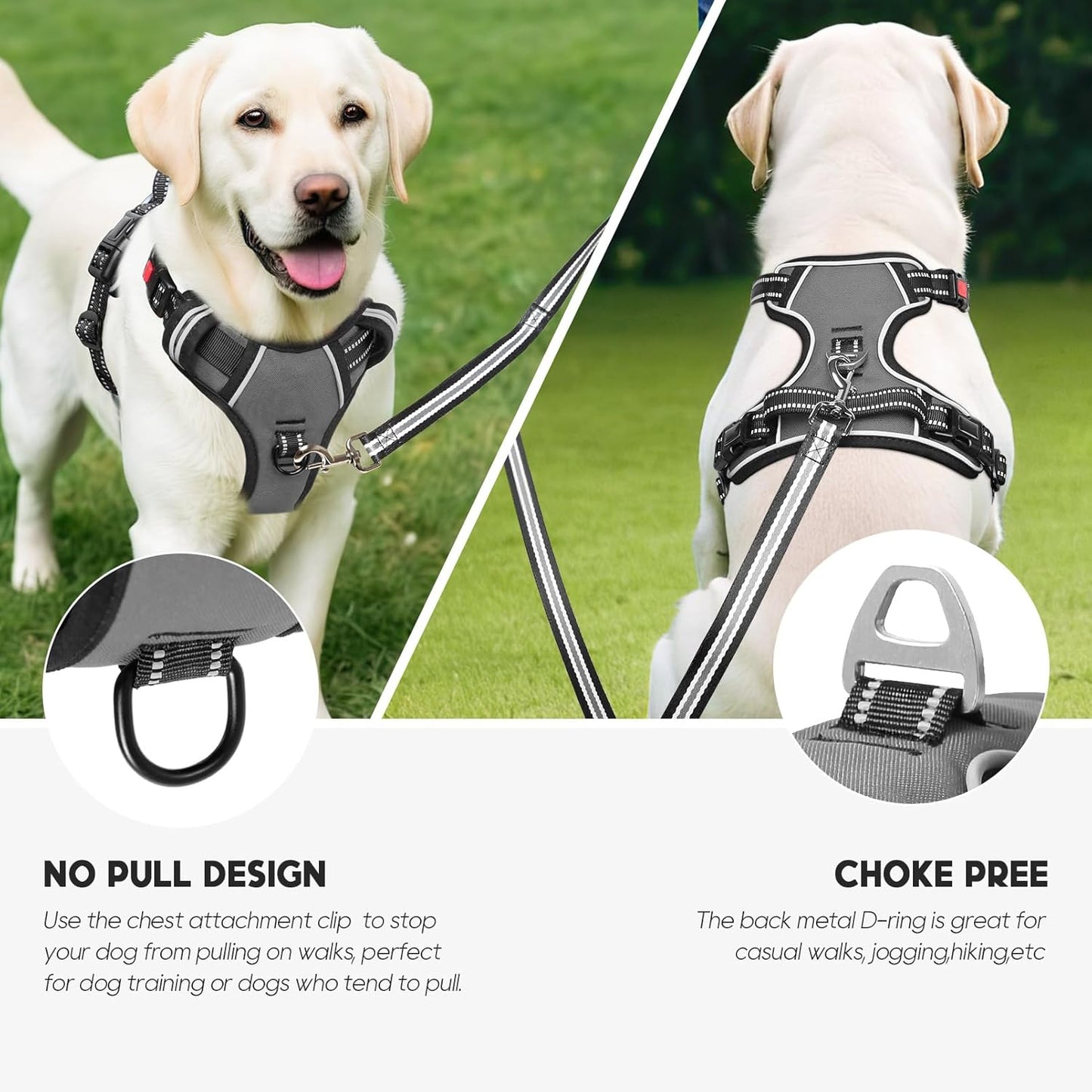 Timos Dog Harness Medium Sized, No Pull with Neck Lockable Snap,No Choke Front Clip Dog Reflective Harness,Adjustable Metal Rings 3 Buckles,Easy Control Handle for Medium Dogs Gray M