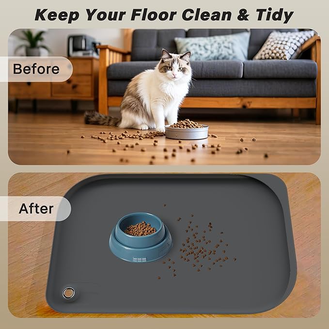 Dog & Cat Mat for Food and Water - Nityers Dog Food Mat for Floors Waterproof with Pocket, High Raised Edges, Thicker BPA Free Silicone, Pet Feeding mat for Bowl, Automatic pet Feeder, Water Fountain