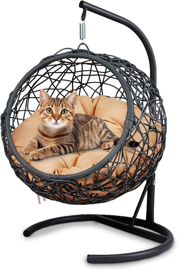 Cat Swing Bed with Stand & Cushion - Rattan Wicker Design, Indoor/Outdoor Hanging Hammock for Cats and Small Pets, Yellow