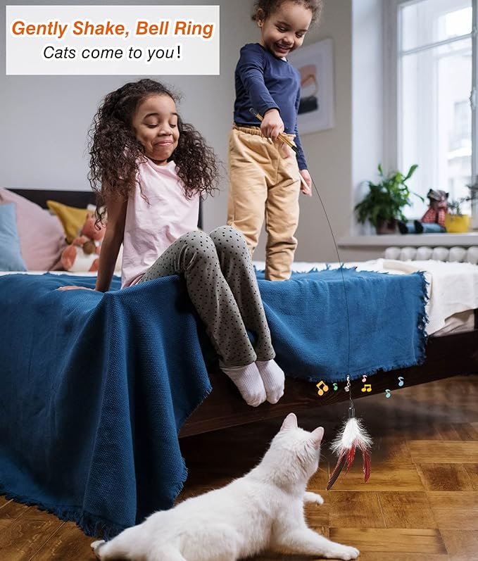 Pawaboo Feather Teaser Cat Toy - Interactive Wand with Extra Long 34.5" Wand and Small Bell, Exerciser Playing Toy for Kittens or Cats, Wine Red & White Feather