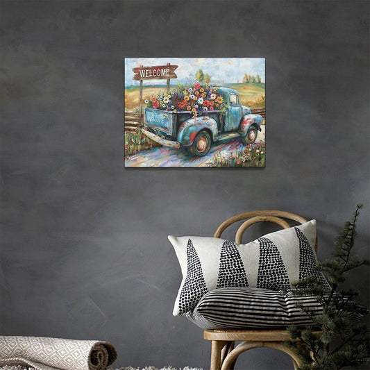 Farmhouse Truck Wall Art Rustic Country Wildflowers Wall Decor Road Flowers Landscape Pictures Canvas Print Painting Artwork for Bathroom Living Room Bedroom 12"x16"