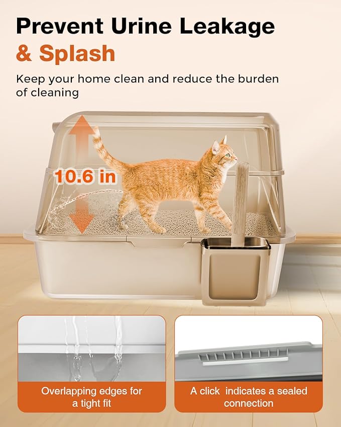 Stainless Steel Litter Box with Lid - Extra Large Cat Litter Boxes for Big Cats with Mat & Scoop - Anti-Leakage, Odor-Proof, High-Sided, Non-Stick＆ Easy to Clean - Ideal for Multi-Cat Homes - Khaki