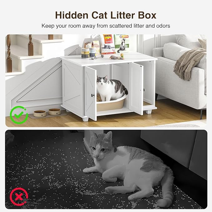 Cat Litter Box Enclosure,Wooden Cat Washroom Furniture with Barn Door, Pet House Hidden Litter Box,Litter Box Furniture Fit Most of Litter Box