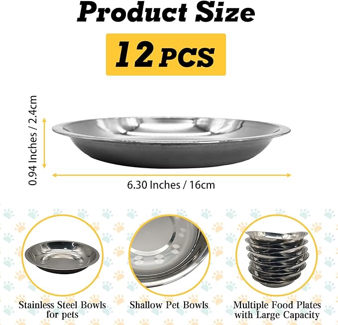 Hamiledyi 12 Pcs Stainless Steel Cat Bowls Metal Wide Shallow Cat Feeding Dishes Replacement Whisker Fatigue Kitten Food Bowl for Dogs Cats and Other Pets (6.30 Inch Diameter)