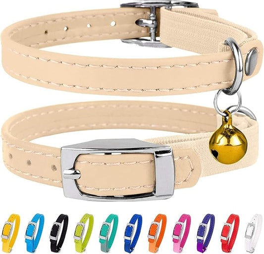 CollarDirect Leather Cat Collar, Kitten Collar with Removable Bell Black Blue Red Orange Lime Green (6-7 Inch, Beige)