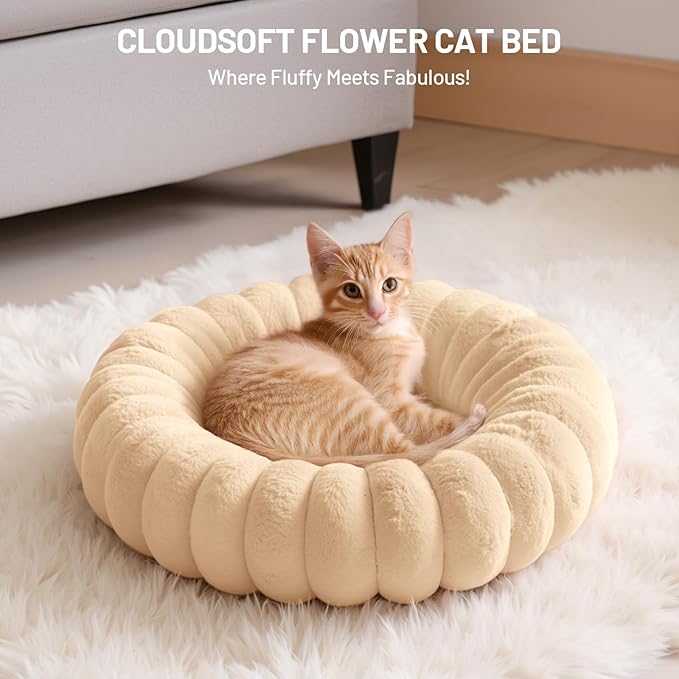 Cute Round Washable Cat Donut Bed Cushion Soft Fluffy Pet Bed Calming Donut Dog Bed Mat for Medium Large Indoor