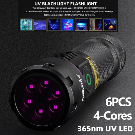 ALONEFIRE SV116 365nm UV Flashlight 60W Powerful Blacklight USB C Rechargeable Black Light for Pet Urine Detector, Scorpion, Resin, Bed Bug, Fishing with UV Protective Glasses, Rechargeable Battery