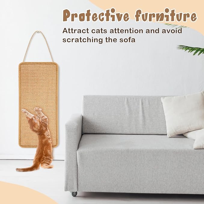 2 Pack Sisal Door Cat Scratching Mat Double Use Hanging Scratcher Wall Floor Mount Natural Cat Scratch Mat Kitty Scratching Pad for Indoor Kitten with Hemp Rope, 7.87 x 19.69(Brown)