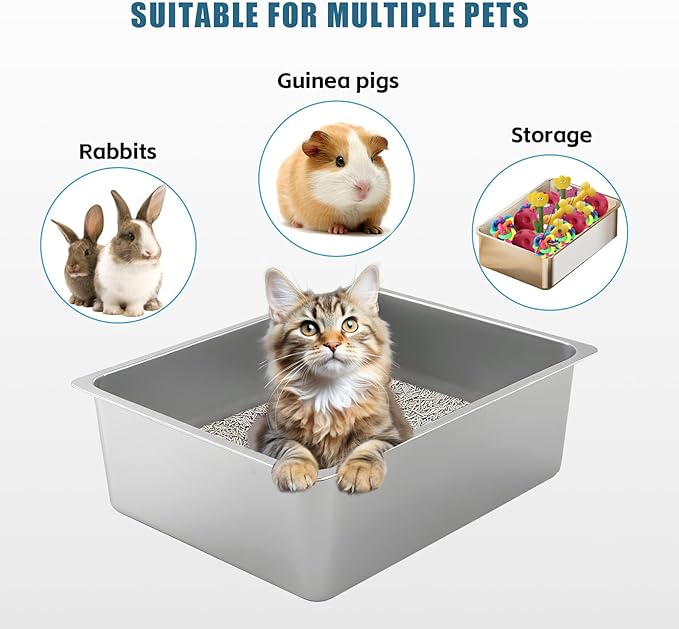 Stainless Steel Cat Litter Box - Medium to Large Indoor Metal Litter Pan Tray, High Sided, Easy to Clean No Stick Rustproof Odorless Pet Toilet for Cats Kitty Rabbit (Silver, 17.7" x13.8" x6")
