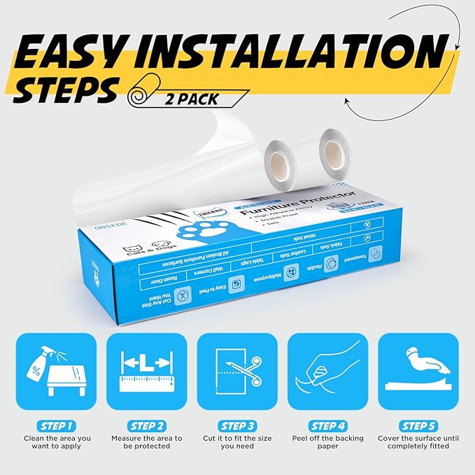 OBSEDE Cat Scratch Furniture Protector (2 Rolls, 11.8"x196.8") – Thick 0.2mm Clear Guard, Deterrent Training Tape for Couch, Sofa, Wood, Cut-to-Fit, Residue-Free