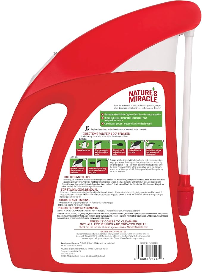 Nature’s Miracle Advanced Stain & Odor Eliminator For Dogs With Flip & Go Sprayer, 64 Ounces, Enzymatic Formula For Severe Dog Messes Including Urine, Feces, Diarrhea And Vomit Stains And Odors