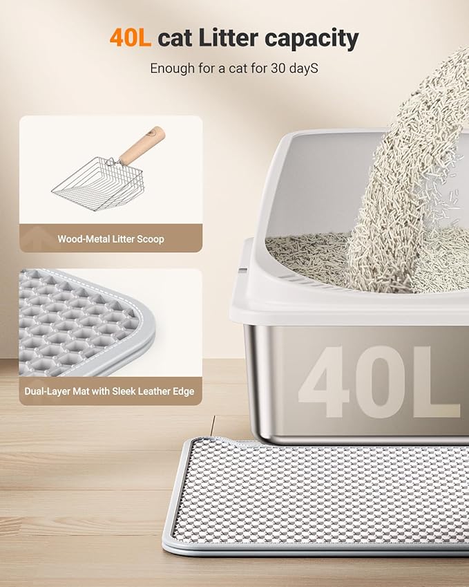 Stainless Steel Cat Litter Box with Scoop, Metal Litter Box High Sided, Cat Litter Box Enclosure, XL Extra Large High-Sided Litter Boxs (Anti-Urine Leakage, Include Scoop) (Black＆White)