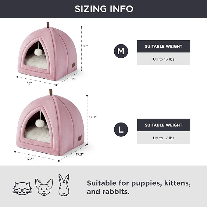 Bedsure Cat Beds for Indoor - 2 in 1 Cat Cave House Tent for Kittens and Small Pets with Removable Washable Cushioned Pillow, Foldable Kitten Hideaway with Non-Slip Bottom, Pink, 17.3 inches