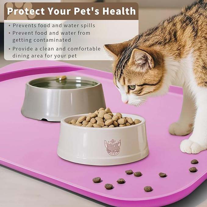 Silicone Pet Feeding Mat with Raised Edge & Residue Collection Pocket for Food and Water, Dog Bowl Mats, Cat Bowls Placemat with High Lip for Floor Waterproof, 22 x 14 x 0.8 Pink
