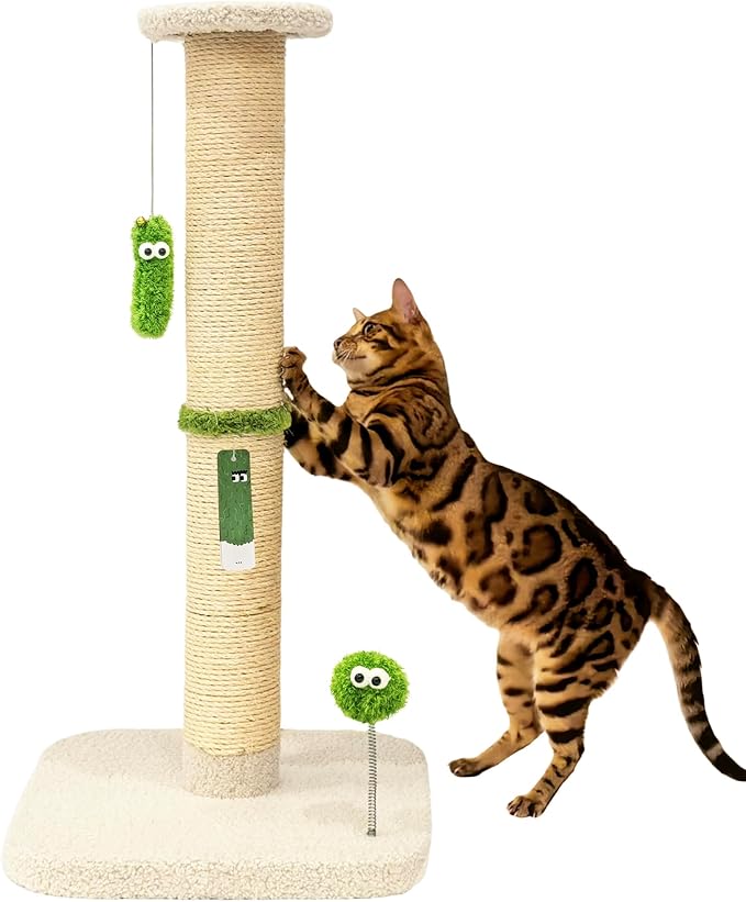 TINYBEAST 34.7" Tall Cat Scratching Post, 3 in 1 Heavy Duty 4.3" Diameter Natural Sisal Post with Hanging Bell Ball, Reinforced Stable Base for Indoor Adult Cats and Kittens(Beige)