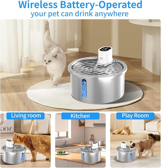 Stainless Steel Wireless Cat Water Fountain 3.2L/108oz Automatic Cat Water Dispenser 4000mAh Battery Operated Large Capacity Pet Water Fountains for Cats Dogs