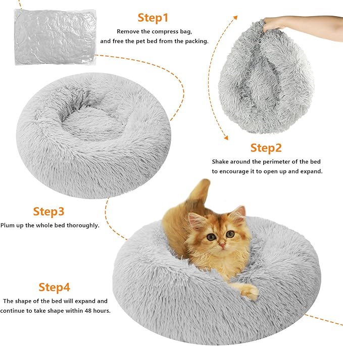 Dog Beds for Small Dogs Round Cat Beds for Indoor Cats Pet Bed for Puppy and Kitten with Slip-Resistant Bottom Plush Donut Cat Bed, Light Grey